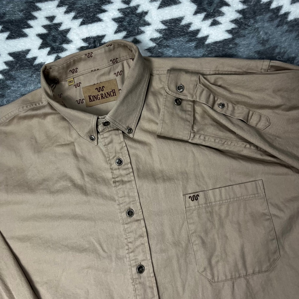 King Ranch Mens 2XT Tan Khaki Button Down Shirt Long Sleeve Western Tall